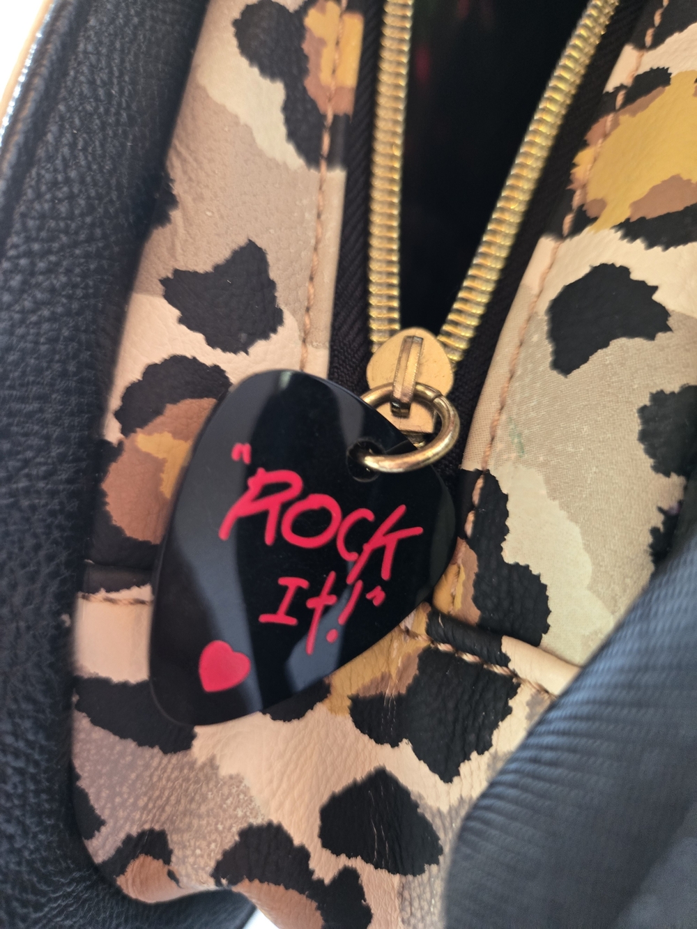 Betsey Johnson Leopard Print Guitar Crossbody in Black, Tan and Cream - Picture 5 of 9